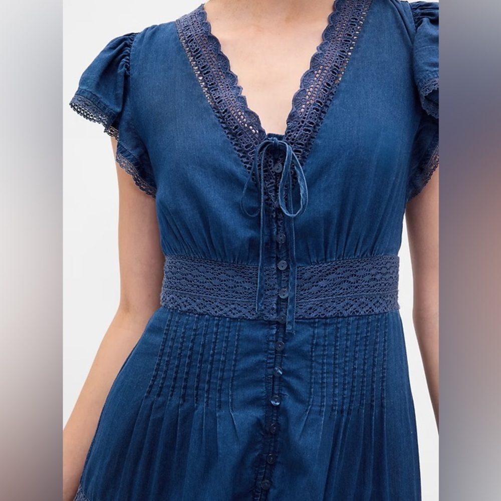 NWT! Gap Medium Indigo Lace-Trim Cottagecore Midi Dress 📎 - Picture 4 of 6